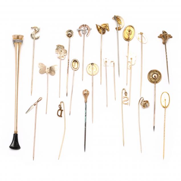 Collection of Twenty-Two Vintage Gold and Gold Filled Stick Pins and a ...