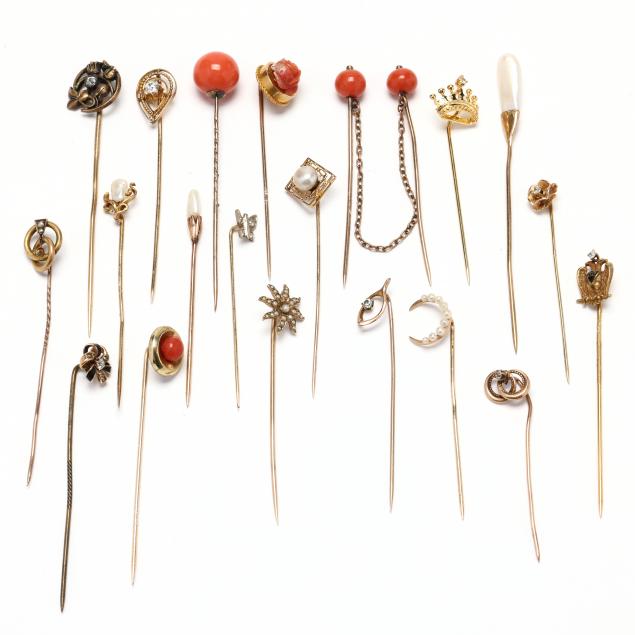 group-of-twenty-gold-and-gold-filled-vintage-stick-pins