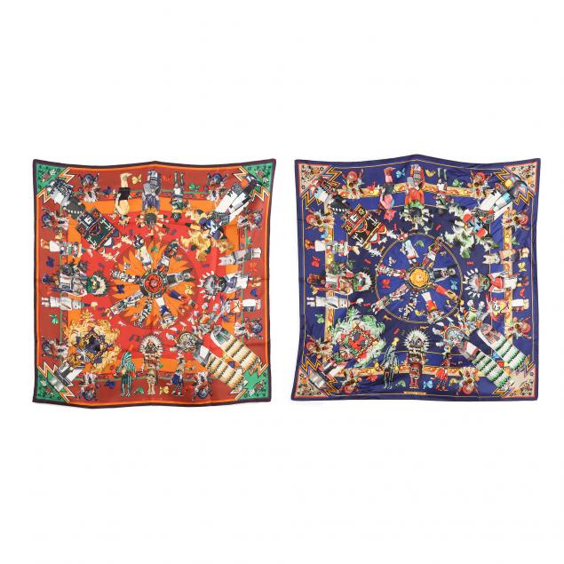 two-hermes-kachina-design-silk-scarves