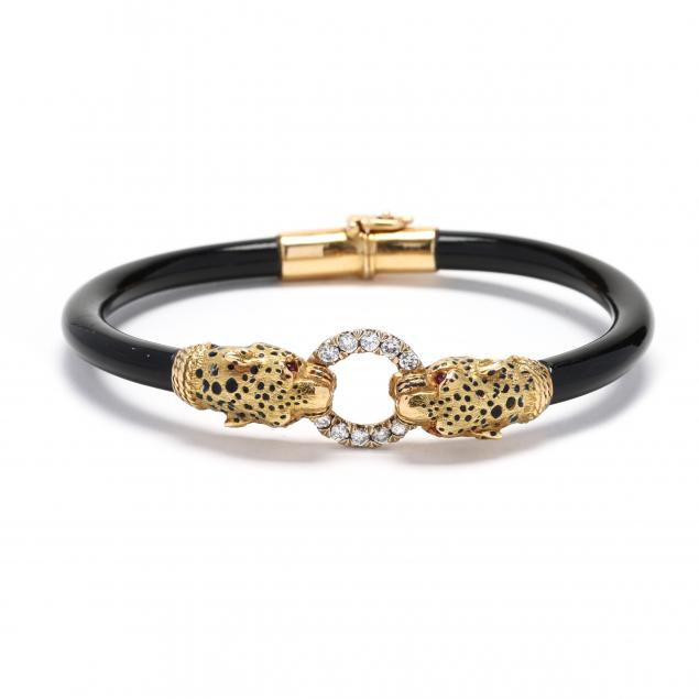 gold-black-onyx-enamel-and-gem-set-panther-head-bangle-bracelet