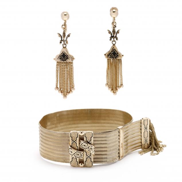 victorian-gold-and-enamel-slide-bracelet-and-earrings