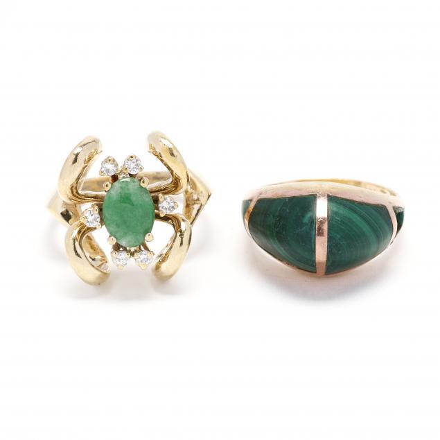 two-gold-and-gem-set-green-stone-rings