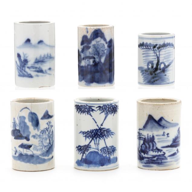 a-group-of-six-chinese-porcelain-blue-and-white-brush-pots