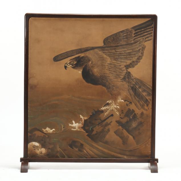 a-japanese-floor-screen-painting-of-a-hawk-amidst-waves