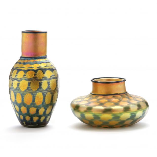 lundberg-studios-two-iridescent-i-indian-basket-i-art-glass-vases