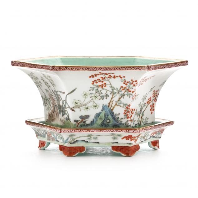 a-chinese-hexagonal-porcelain-jardiniere-and-underplate-with-flowers