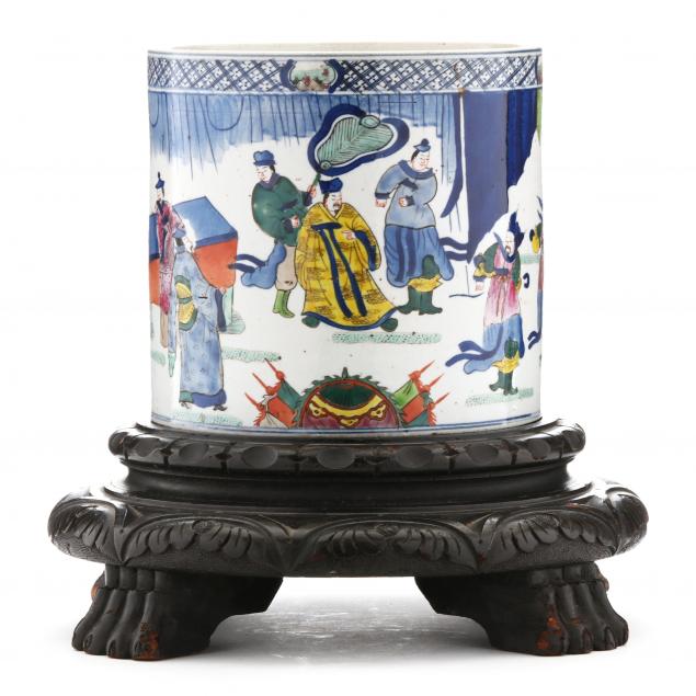 a-large-chinese-porcelain-brush-pot-with-figures-at-court