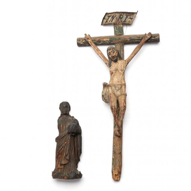 two-spanish-colonial-school-carved-figures-crucifix-saint