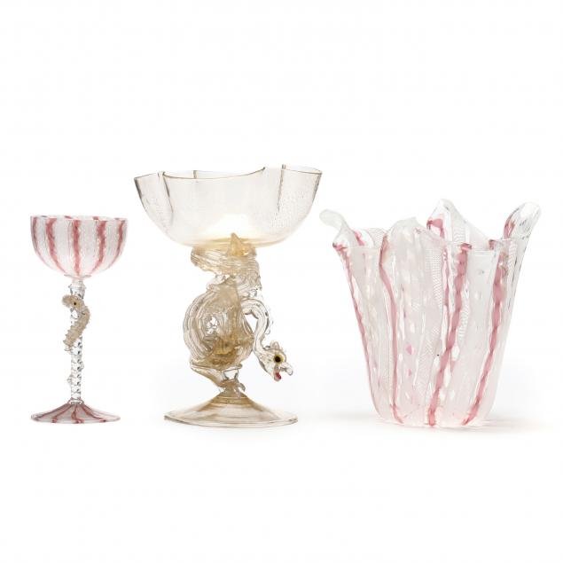 two-venetian-glass-figural-goblets-and-handkerchief-bowl