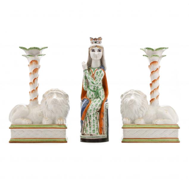 a-pair-of-majolica-candlesticks-and-figurine