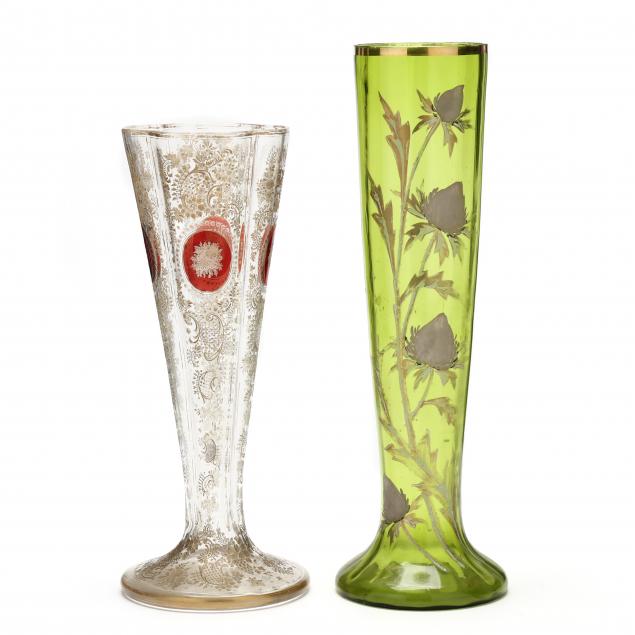 two-antique-tall-bohemian-decorated-glass-vases