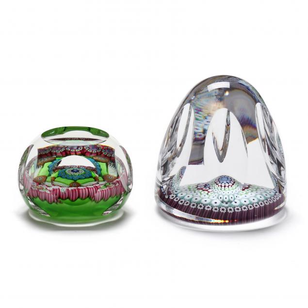 two-fine-signed-millefiori-glass-paperweights