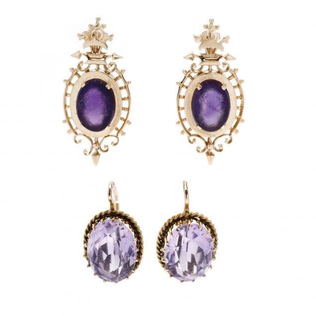 two-pair-of-gold-and-amethyst-earrings
