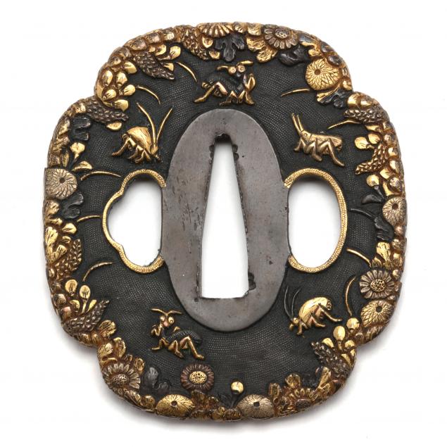 a-japanese-iron-shakudo-tsuba-with-insects-and-flora