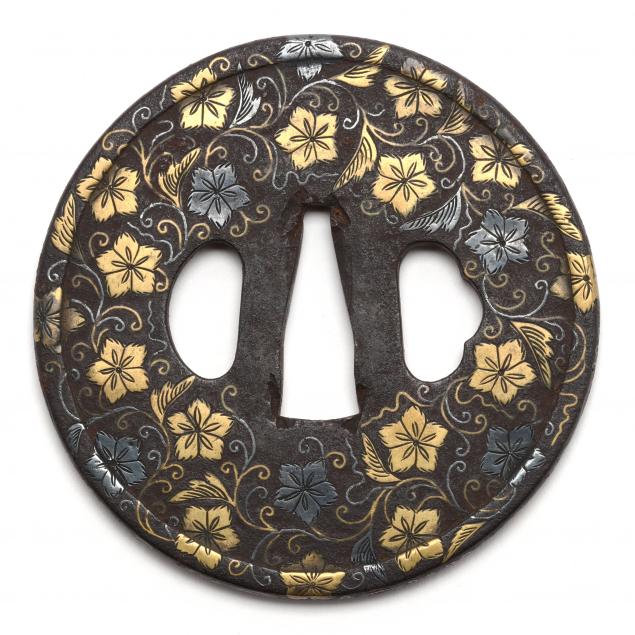 a-japanese-iron-tsuba-with-gold-and-silver-asagao-decoration