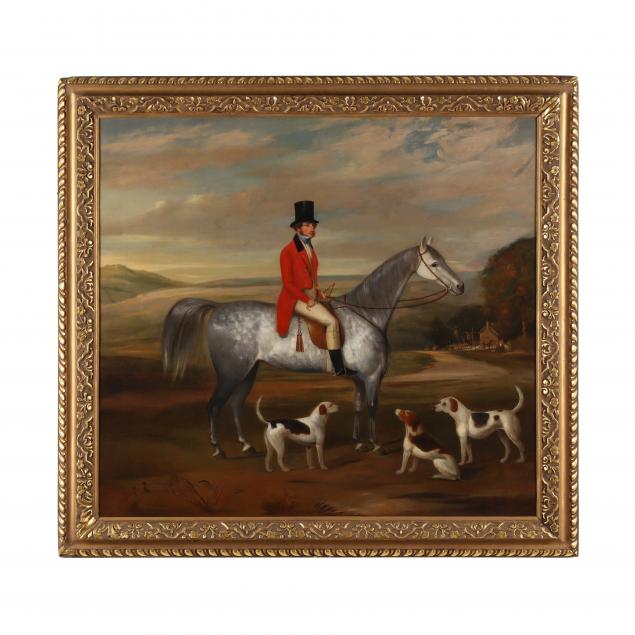 english-school-19th-century-equestrian-portrait-of-a-gentleman-on-a-dappled-grey-with-hounds