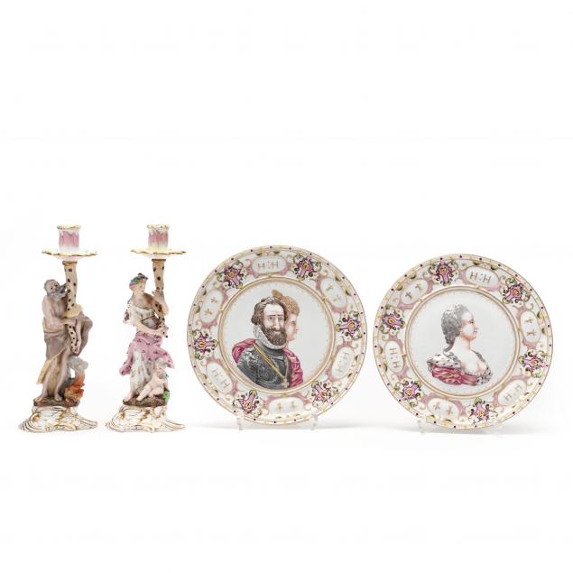 a-pair-of-vintage-capodimonte-figural-plates-and-candlesticks