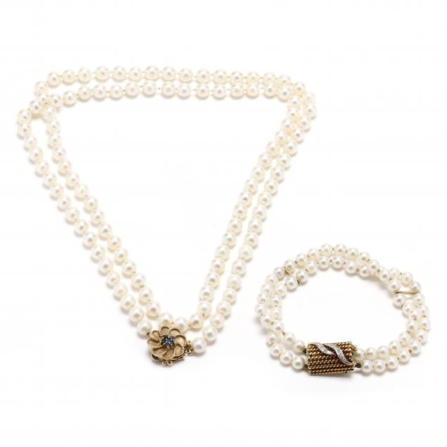 pearl-necklace-with-gem-set-gold-clasp-and-a-two-strand-pearl-bracelet-with-bi-color-gold-and-diamond-clasp