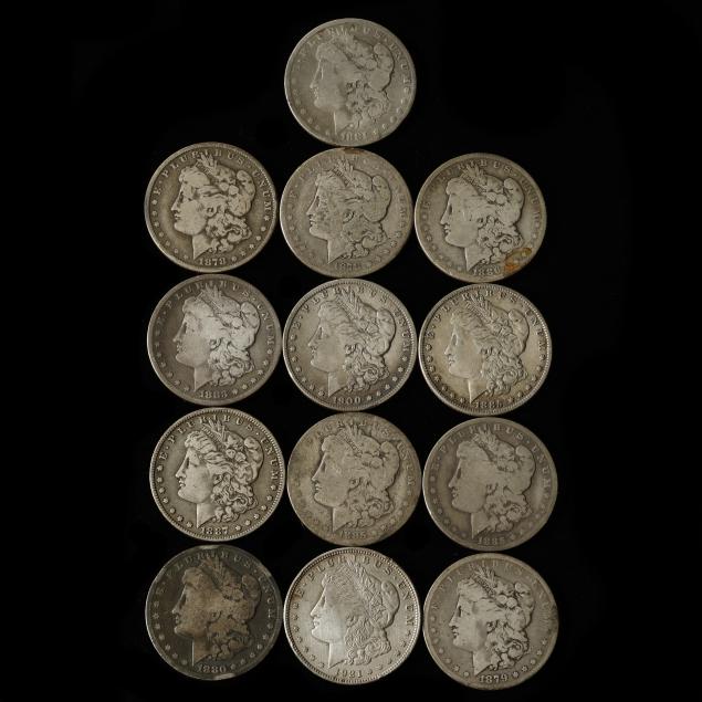 thirteen-circulated-morgan-silver-dollars-one-with-carson-city-mintmark
