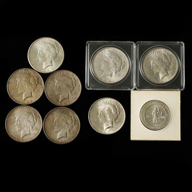 eight-8-peace-dollars-and-a-columbia-sc-commemorative-half-dollar