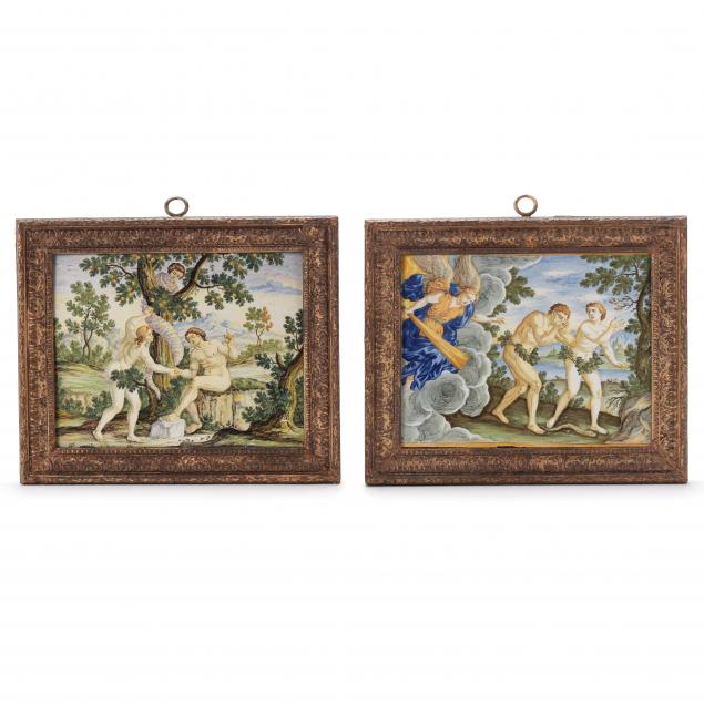 a-framed-pair-of-italian-majolica-wall-plaques-of-adam-eve