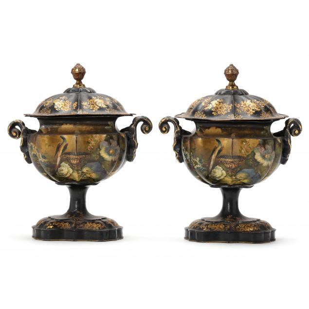a-pair-of-antique-japanned-chestnut-urns-with-exotic-bird-decoration