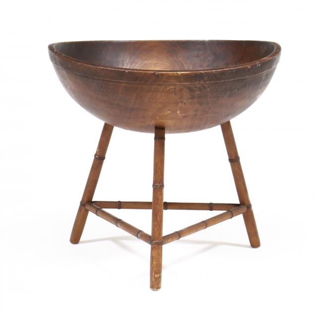 large-antique-turned-wood-dough-bowl-on-stand