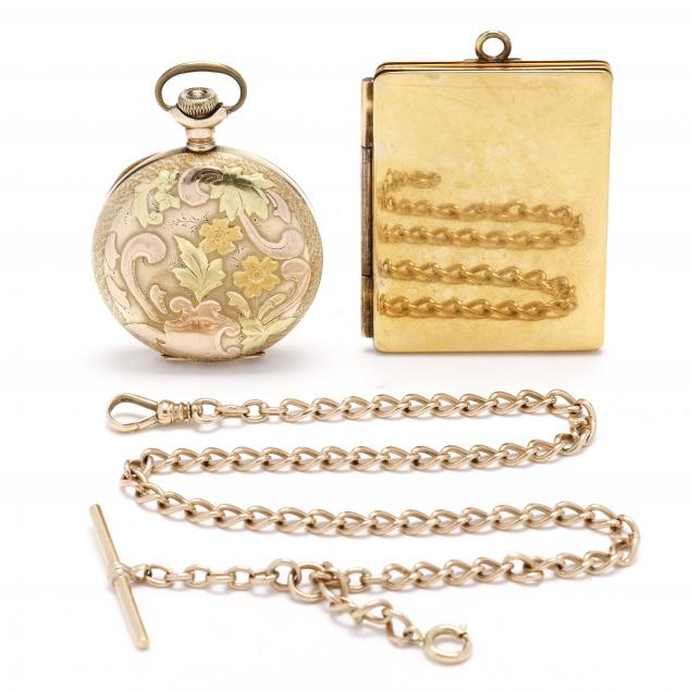 antique-gold-filled-hunter-case-elgin-pocket-watch-a-gold-watch-chain-and-a-tiffany-co-photo-case