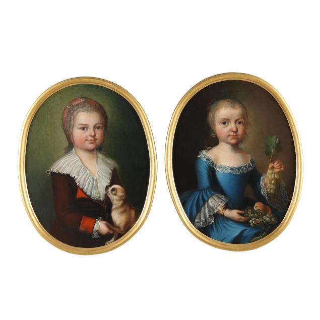 continental-school-early-19th-century-pair-of-portraits-young-girl-and-young-boy-with-dog