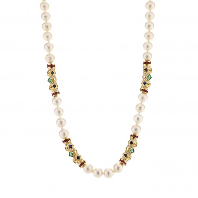 single-strand-pearl-necklace-with-gold-and-gem-set-stations-and-clasp