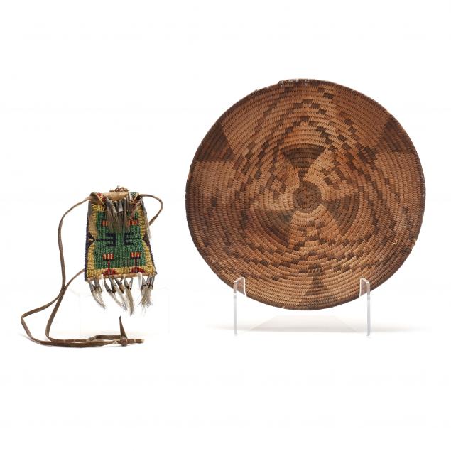 a-native-american-coiled-basket-and-beaded-strike-a-lite-bag