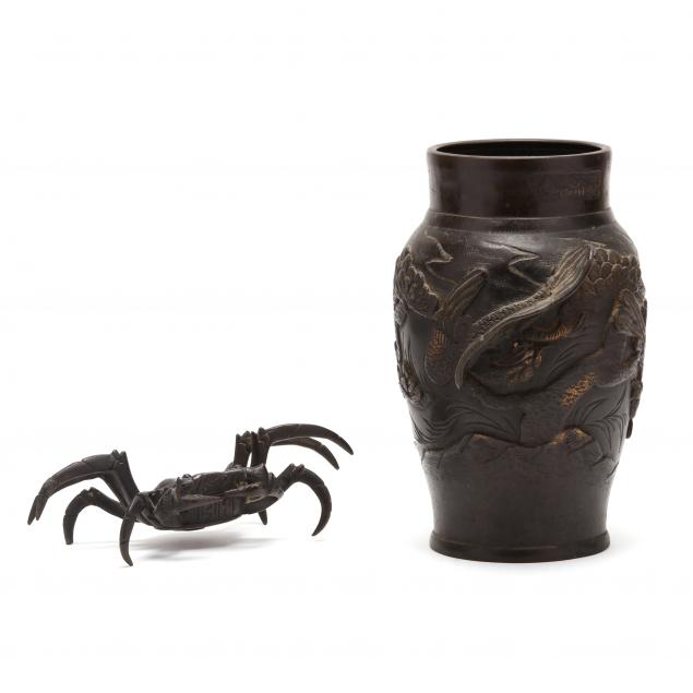 a-japanese-bronze-vase-and-crab-okimono