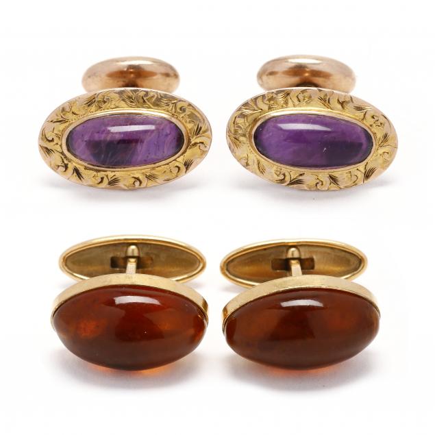 two-pairs-vintage-gold-filled-and-gem-set-cufflinks