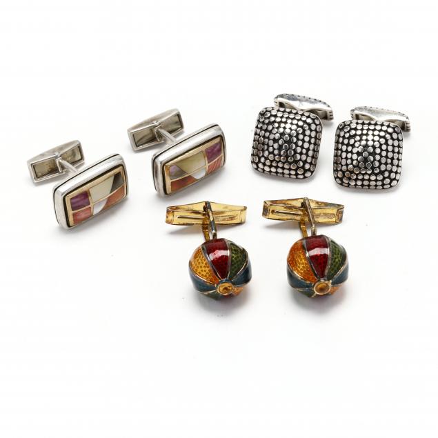 pair-of-asch-grossbardt-cufflinks-a-pair-of-john-hardy-cufflinks-and-a-pair-with-enamel-decoration