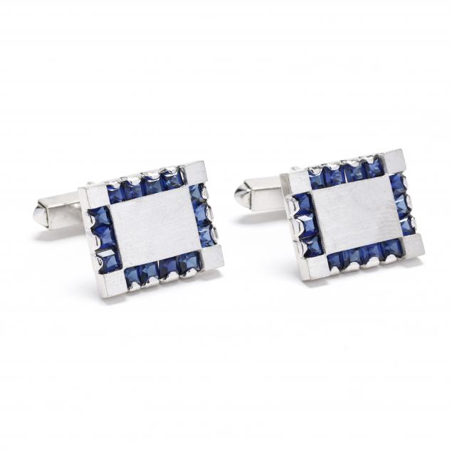 white-gold-and-gem-set-synthetic-sapphire-cufflinks-lucien-piccard
