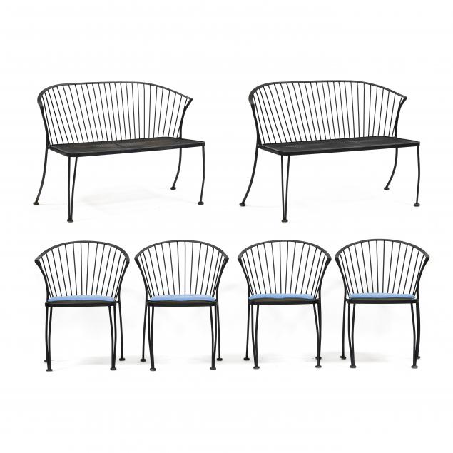 attributed-russel-woodard-pair-of-iron-garden-benches-and-four-chairs