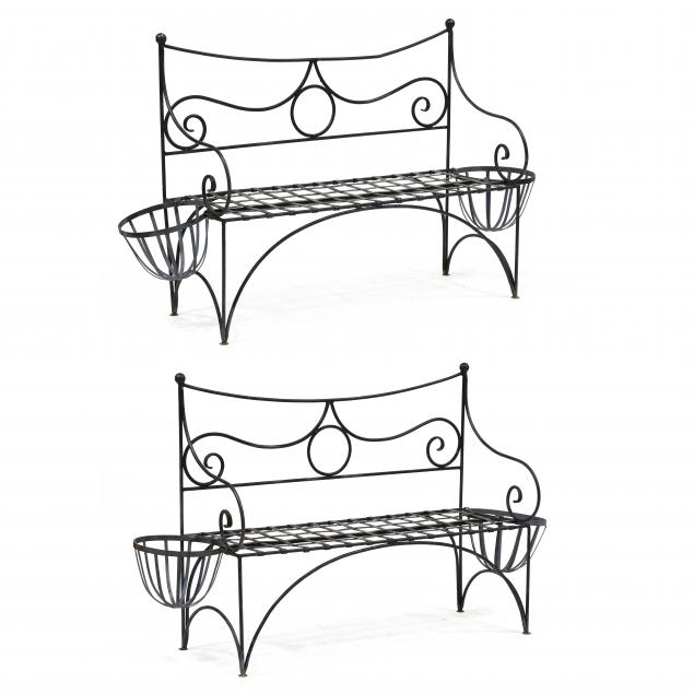 vintage-pair-of-iron-garden-benches-with-flower-baskets