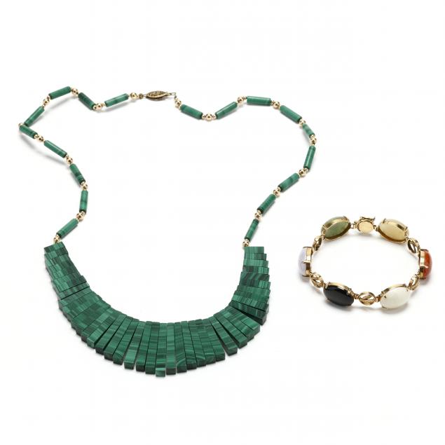 a-gold-and-multi-color-jade-bracelet-and-a-malachite-fringe-necklace