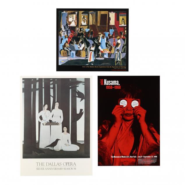 three-exhibition-posters-jacob-lawrence-yayoi-kusama-will-barnet