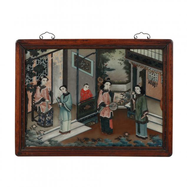 a-chinese-reverse-glass-painting-of-ladies-in-a-courtyard
