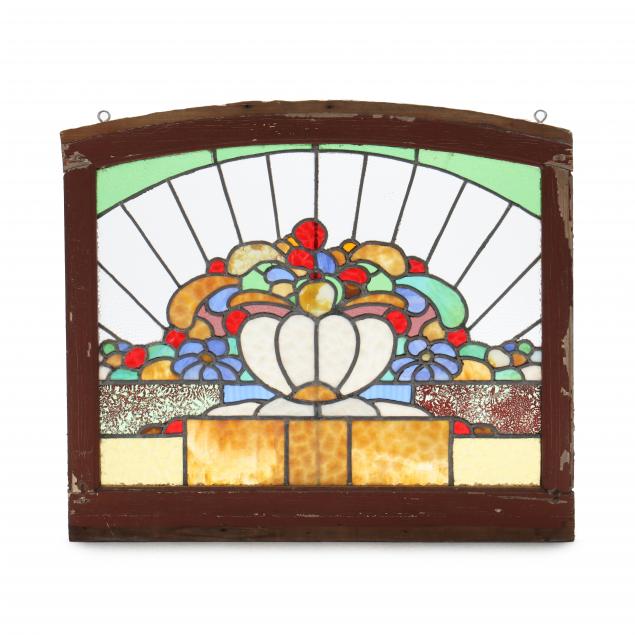 vintage-arched-flower-basket-stained-glass-window