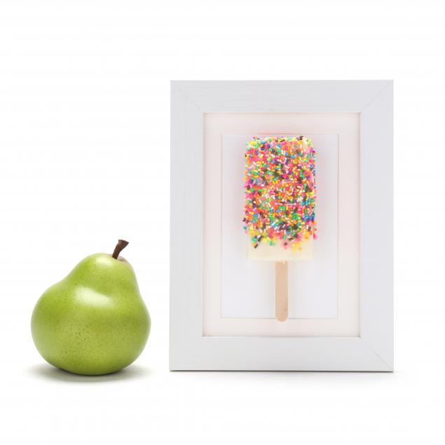 framed-popsicle-sculpture-and-ceramic-pear