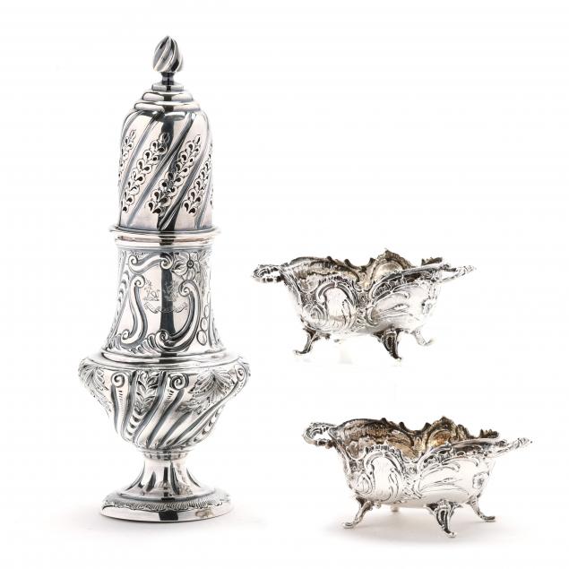 an-english-silver-sugar-caster-and-pair-of-import-salt-cellars
