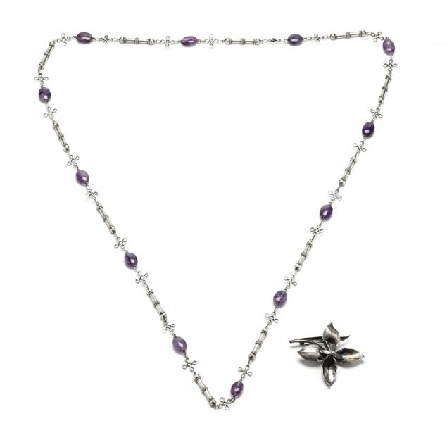 a-silver-and-amethyst-station-necklace-and-a-sterling-silver-brooch