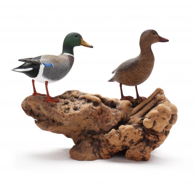 john-and-patty-waterfield-va-miniature-mallard-pair-on-wooden-base
