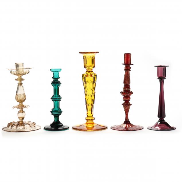 five-assorted-fine-colored-glass-candlesticks