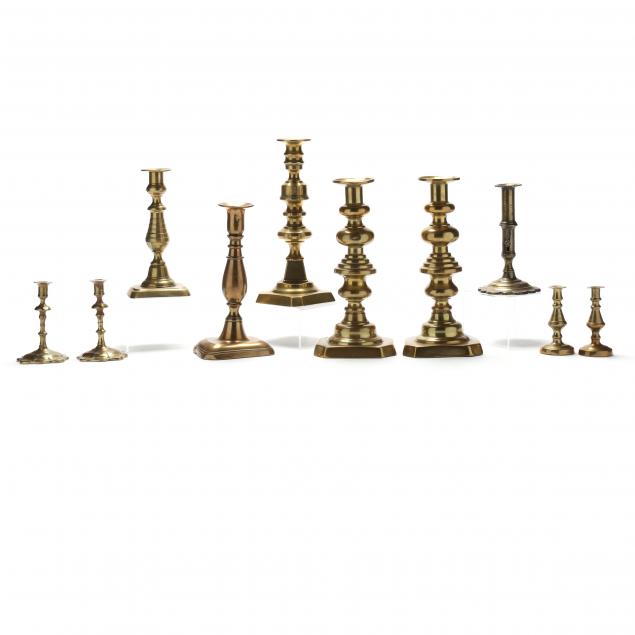 collection-of-ten-antique-english-brass-candlesticks