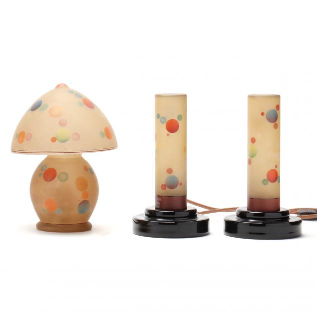 bellova-and-h-g-mcfaddin-co-set-of-three-gnome-art-glass-boudoir-lamps