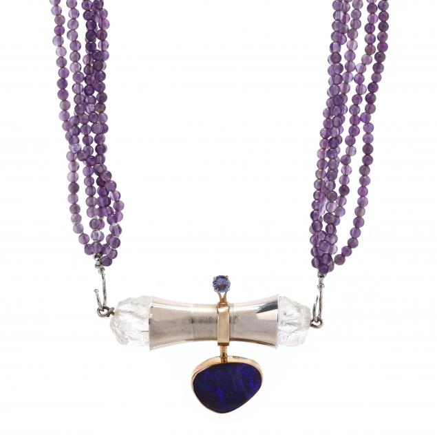 multi-strand-amethyst-bead-necklace-with-mixed-metal-and-gem-set-enhancer