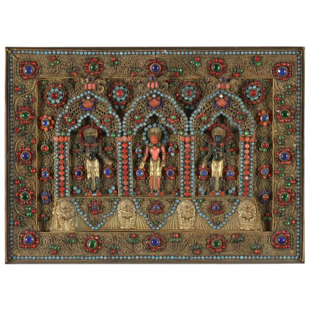 a-nepalese-inset-stone-gilt-metal-filigree-votive-plaque